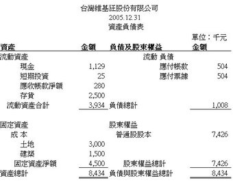 Sample Balance Sheet in Chinese