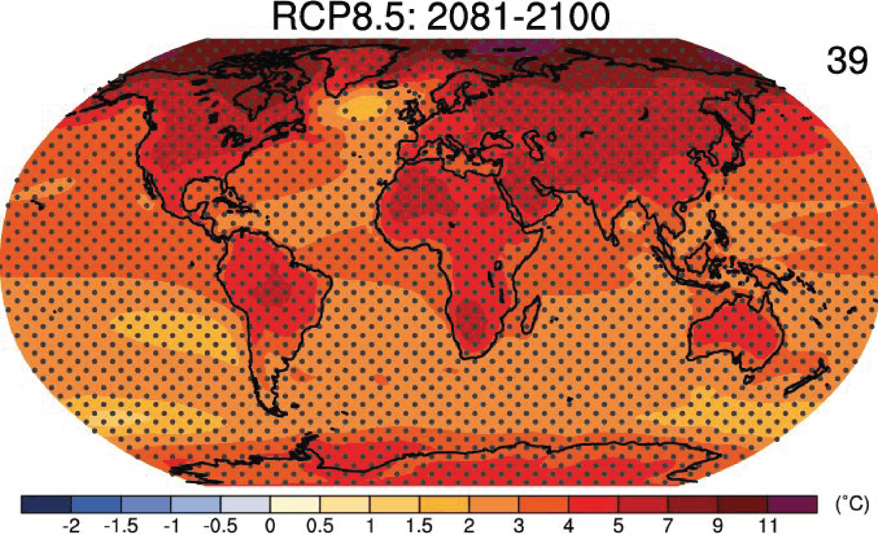 Surface temperature changes projected for the business-as-usual scenario RCP8.5 at the end of the 21st century. Stippling indicates regions of highly significant changes, where the multi model mean is larger than two standard deviations of modeled internal variability and where at least 90% of models agree on the sign of the change. Click on the map to see projections for other scenarios and times. From ipcc.ch.