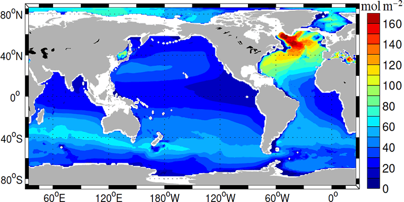 Anthropogenic carbon in the ocean estimated from observations (Khatiwala et al., 2013). From rapid.ac.uk.