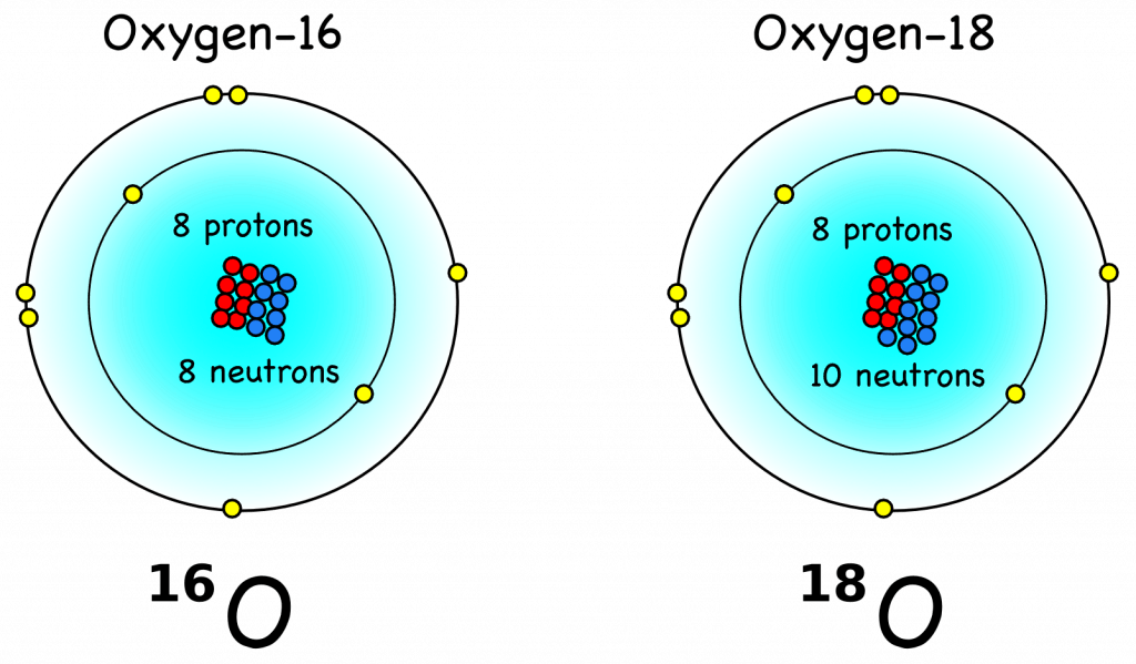 Oxygen’s most common (99.8%) isotope oxygen-16 (16O) has 8 protons (red) and 8 neutrons (blue) such that its mass is 16 atomic units. Oxygen-18 (18O) has two additional neutrons, which makes it (18 – 16)/16 = 12.5% heavier than 16O. It is also much rarer (0.2%) than 16O. From Montessori Muddle.