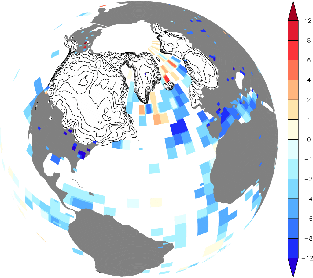 Reconstructions of ice sheets (contour lines show 500 m elevation differences) and surface temperature differences from modern (color scale in K) for the Last Glacial Maximum. From PAGES news.
