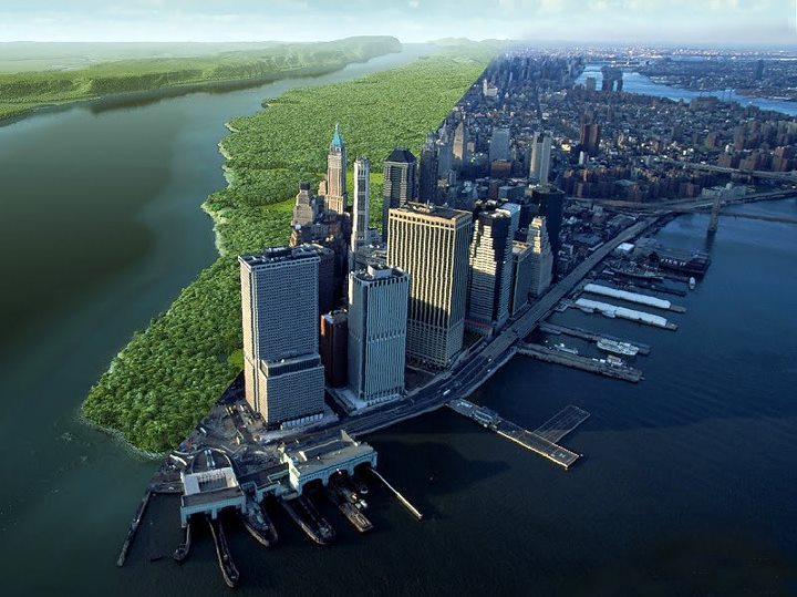 Left: Mannahatta circa 1609. Right: Southern Manhattan today.