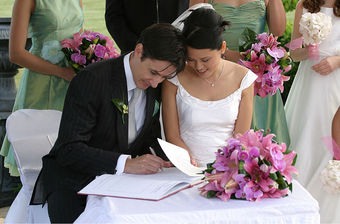 Bride and groom signing the book