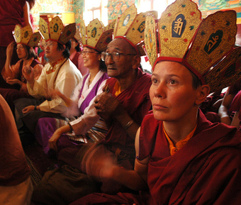 Religious Buddhist Gathering in Tibetan Monastery