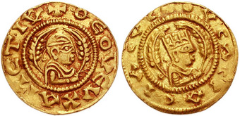   A gold coin of the Aksumite king Ousas, specifically a one third solidus, diameter 17 mm, weight 1.50 gm.  