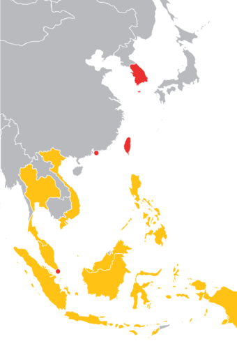 The Tiger Cub Economies (yellow) are five countries: Indonesia, Malaysia, Philippines, Thailand and Vietnam. Also shown are the Four Asian Tigers (red), source: Wikipedia.