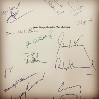  Souvenir signatures of lead negotiators on the cover page of the JCPOA document. The Persian handwriting on top left side is a homage by Javad Zarif to his counterparts' efforts in the negotiations: "[I am] Sincere to Mr. Abbas [Araghchi] and Mr. Majid [Takht-Ravanchi].