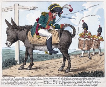 British etching from 1814 in celebration of Napoleon's exile to Elba at the close of the War of the Sixth Coalition.