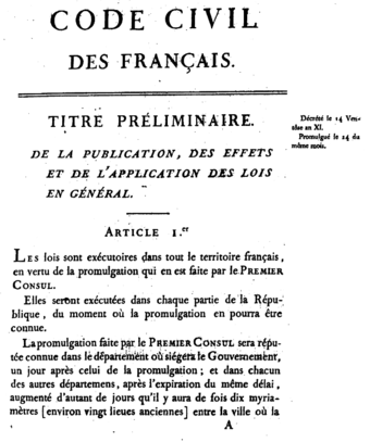  First page of the 1804 original edition of the Napoleonic Code.