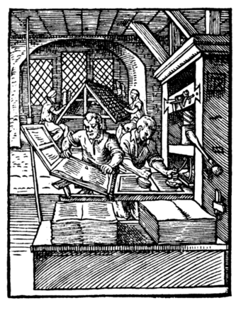 Early wooden printing press, depicted in 1568