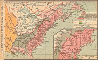  Map of the British colonies in North America, 1763 to 1775. First published in: Shepherd, William Robert (1911) "The British Colonies in North America, 1763–1765" in Historical Atlas, New York, United States: Henry Holt and Company, p. 194.  