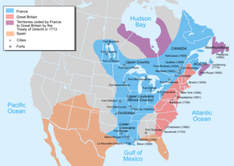  Map of North America (1750): France (blue), Britain (pink), and Spain (orange)