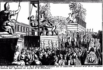  The execution of the Girondins, moderate republicans, enemies of the more radical Jacobins. Author unknown; source:  "La Guillotine en 1793" by Hector Fleischmann (1908).