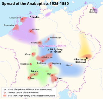 Spread of the Anabaptists 1525–1550 in Central Europe