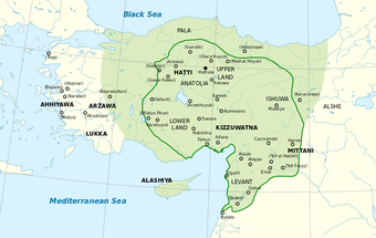 The Hittite Empire at its greatest extent under Suppiluliuma I (c. 1350–1322 BCE) and Mursili II (c. 1321–1295 BCE)