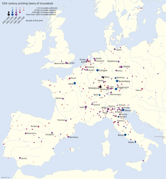 Spread of printing in the 15th century from Mainz, Germany