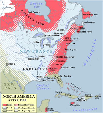  Map showing the 1750 possessions of Britain (pink), France (blue), and Spain (green) in North America and the Caribbean