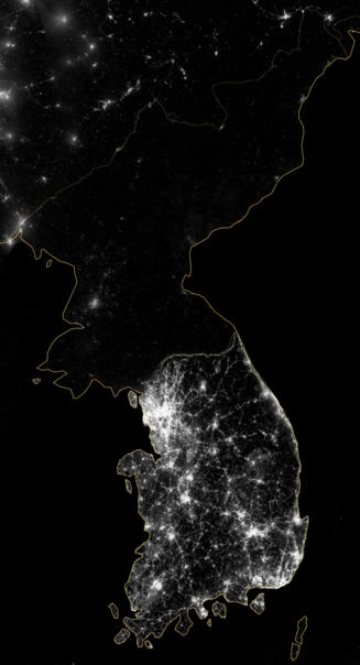  The Korean Peninsula at night, shown in a 2012 composite photograph from NASA.  