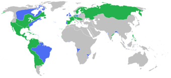  All the participants of the Seven Years' War: [blue] Great Britain, Prussia, Portugal, with allies; [green] France, Spain, Austria, Russia, Sweden with allies. 