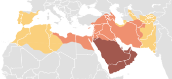  Age of the Caliphs: [dark purple] Expansion under the Prophet Mohammad, 622-632; [dark pink] Expansion during the Patriarchal Caliphate, 632-661; [dark orange] Expansion during the Umayyad Caliphate, 661-750. 