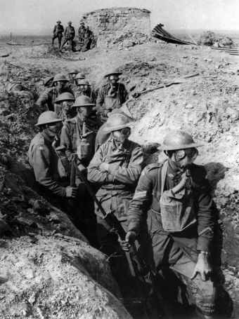 Australian infantry with gas masks, Ypres, 1917.