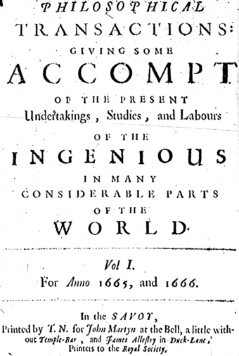  Cover of the first volume of Philosophical Transactions of the Royal Society, 1665-1666, the Royal Society of London.