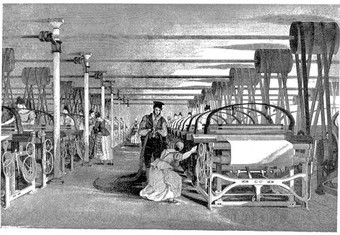  A Roberts loom in a weaving shed in 1835. Illustrator T. Allom in History of the cotton manufacture in Great Britain by Sir Edward Baines.  