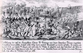 Saint-Domingue slave revolt in 1791 (Haitian Revolution), German copper engraving, author unknown.