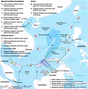  A map of South China Sea claims and boundary agreements, U.S. Department of Defense’s Annual Report on China to Congress, 2012.