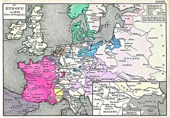  Historical map of Europe after the Peace of Westphalia. From "An Historical Atlas Containing a Chronological Series of One Hundred and Four Maps, at Successive Periods, from the Dawn of History to the Present Day" by Robert H. Labberton, 1884.  