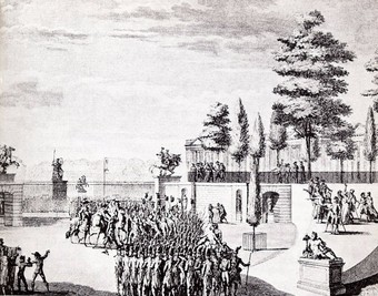 Sent by Napoleon from Italy, Pierre Augereau and his troops storm Tuileries and capture Generals Charles Pichegru and Willot. Coup d'état of 18 Fructidor, year V (September 4, 1797). Engraving by Berthault, based on a drawing by Girardet.  