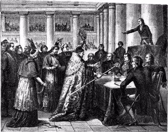  Leaders of the Catholic Church taking the civil oath required by the Concordat of 1801, Henri Gourdon de Genouillac, Paris à travers les siècles, v. 4, Paris, F. Roy, 1881. 