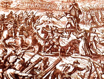 An engraved representation of the Battle of Cajamarca 