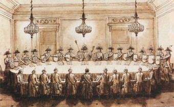  Contemporary propaganda engraving depicting the first meeting of the Confederation of the Rhine on August 25, 1806. Napoleon, "Protector" of the Confederation, is visible in the background, wearing the largest hat.  