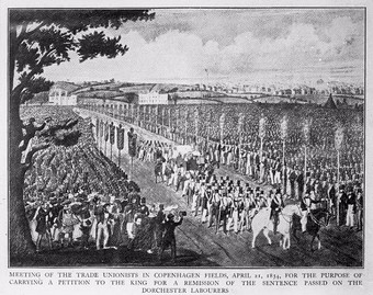  Meeting of the trade unionists in Copenhagen Fields in 1834, for the purpose of carrying a petition to the King for a remission of the sentence passed on the Dorchester (Dorset county) laborers