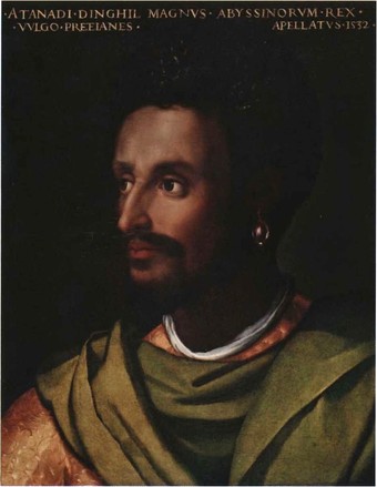  Lebna Dengel, nəgusä nägäst (emperor) of Ethiopia and a member of the Solomonic dynasty. Portrait by Cristofano dell'Altissimo, c. 1552-1568, Uffizi, Florence.  