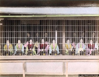  Prostitutes on display in Yoshiwara during the Meiji period (the  period following the Edo period in the Japanese history), possibly by Kusakabe Kimbei.