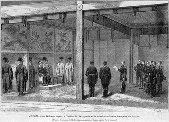 Reception by the Meiji Emperor of the Second French Military Mission to Japan, 1872, from a drawing by Deschamps, Le Monde Illustre, February 1, 1873.