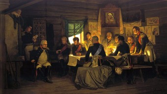  Michail Illarionovich Kutuzov (1745 - 1813), commander-in-chief of the Russian army on the far left, with his generals at the talks deciding to surrender Moscow to Napoleon. The room is the home of peasant A.S. Frolov. Painting by Aleksey Danilovich Kivshenko. 