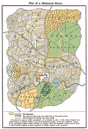  Conjectural map of a medieval English manor. The part allocated to "common pasture" is shown in the north-east section, shaded green. William R. Shepherd, Historical Atlas, New York, Henry Holt and Company, 1923.