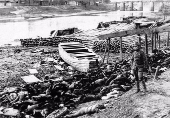  Bodies of victims along Qinhuai River out of Nanjing's west gate during Nanking Massacre. Derivative work of a photograph taken by Moriyasu Murase.  