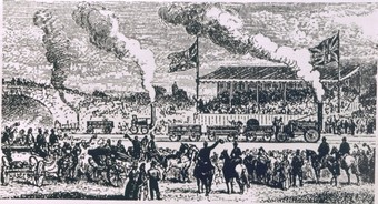  Later conjectural drawing of the Rainhill Trials: in the foreground is Rocket and in the background are Sans Pareil (right) and Novelty, author unknown, the Illustrated London News.  