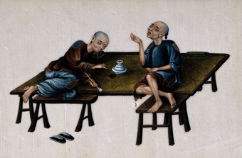  Two poor Chinese opium smokers. Gouache painting on rice-paper, 19th century.