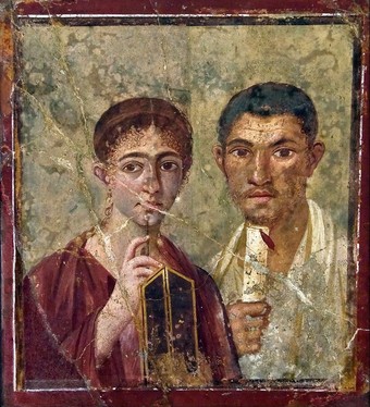  This wall painting (known as  The portrait of Paquius Proculo and currently preserved at the Naples National Archaeological Museum) was found in the Roman city of Pompeii and serves as a complex  example of a primary source.