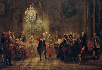 The Flute Concert of Sanssouci by Adolph Menzel, 1852, depicts Frederick playing the flute in his music room at Sanssouci,  his favorite residence in Potsdam. C. P. E. Bach accompanies him on the harpsichord.