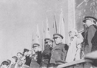  Welcome celebration for the Red Army in Pyongyang on  October 14, 1945. Source: Korean People Journal from Japanese book The First Anniversary of Korean Liberation published by Shinkan Sha.  