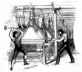   Frame-breakers, or Luddites, smashing a loom 