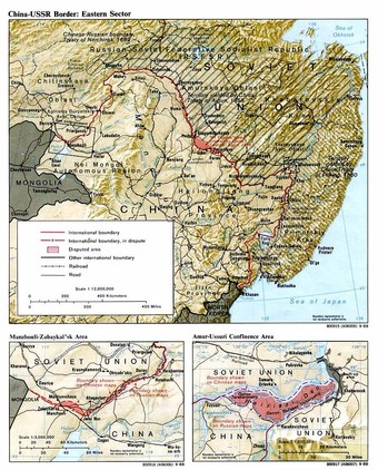  The disputed Argun and Amur river areas; the Damansky–Zhenbao is southeast, north of the lake. (March 2 – September 11, 1969). Source: Perry-Castañeda Library Map Collection.  