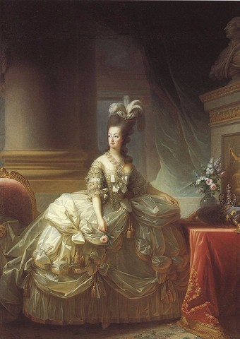  Marie Antoinette in a court dress worn over extremely wide panniers, Louise Élisabeth Vigée Le Brun (1778).  