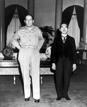   Emperor Hirohito and General MacArthur, at their first meeting, at the U.S. Embassy, Tokyo, September 27, U.S. Army photographer Lt. Gaetano Faillace.